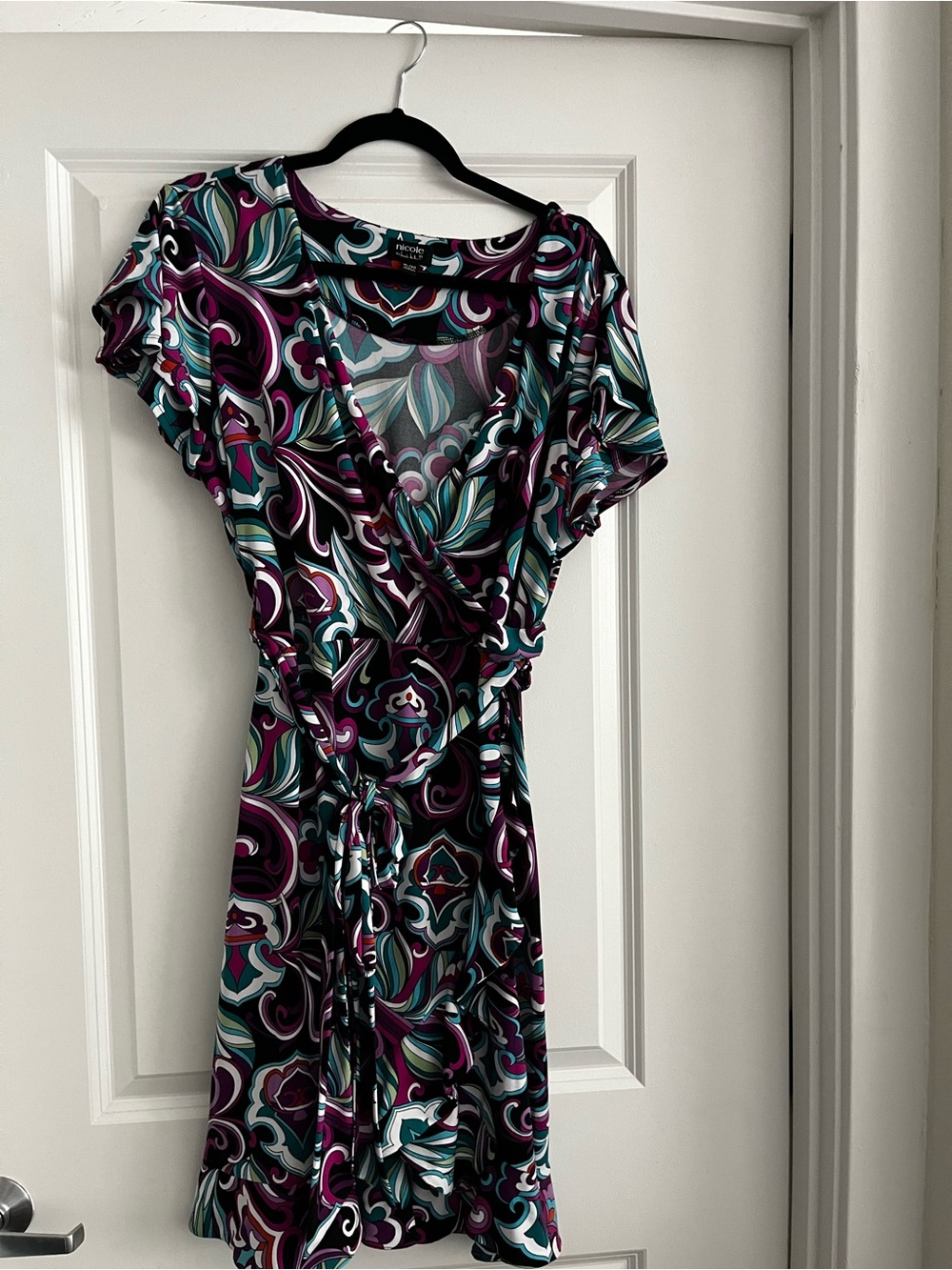 Teal, Purple & Black Printed Wrap Dress